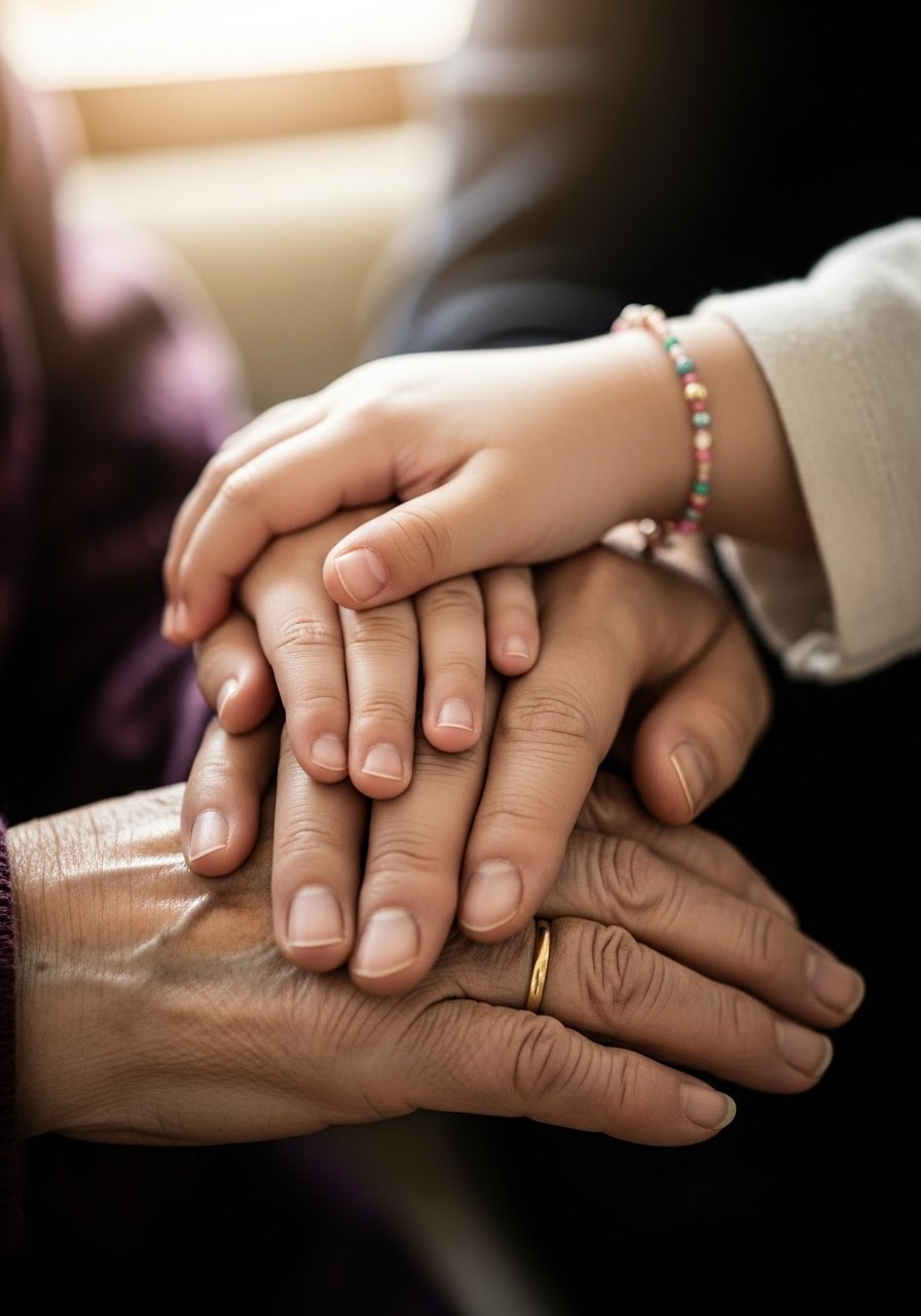 여러 세대의 손이 포개져 있는 모습