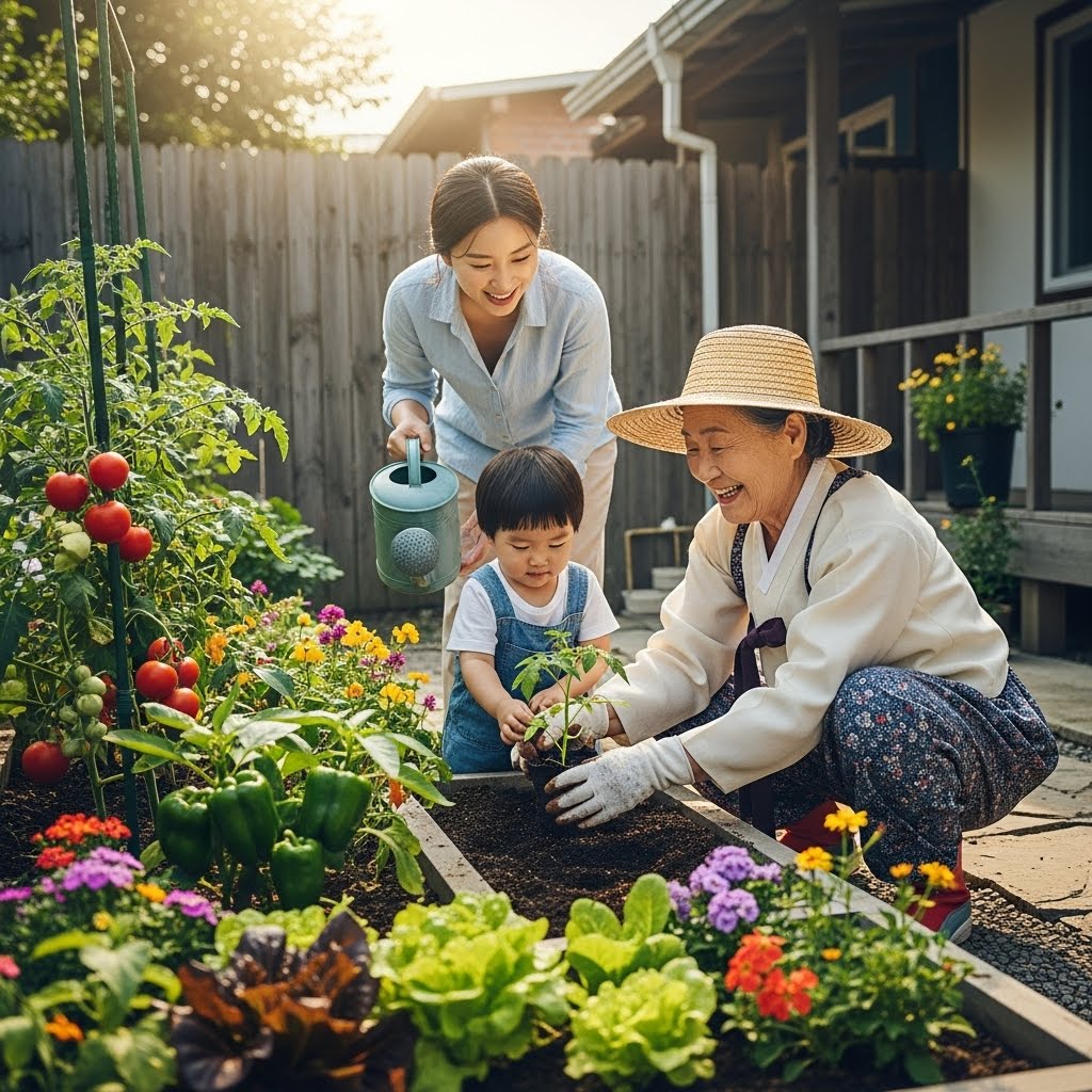 어르신이 아이와 함께 텃밭을 가꾸는 모습